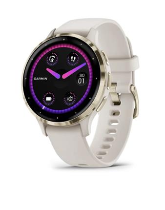 Garmin Venu 3S, Nerezová luneta Soft Gold, pouzdro Ivory, silikonový řemínek