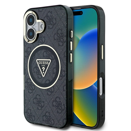 Guess IML 4G Glitter and Triangle Logo MagSafe kryt iPhone 16 Pro černý