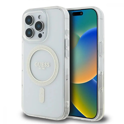 Guess IML Glitter Ring MagSafe kryt pro iPhone 16 Pro čirý