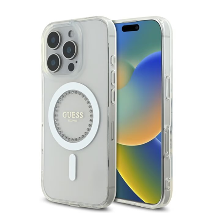 Guess IML Rhinestones Ring MagSafe kryt iPhone 16 Pro bílý