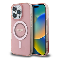 Guess IML Rhinestones Ring MagSafe kryt pro iPhone 16 Pro růžový