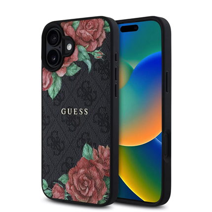 Guess PU Leather 4G Roses MagSafe kryt iPhone 16 černý