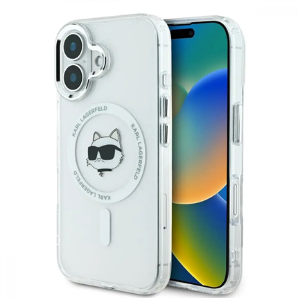 Karl Lagerfeld IML Choupette Head Metal Frame MagSafe kryt pro iPhone 16 čirý