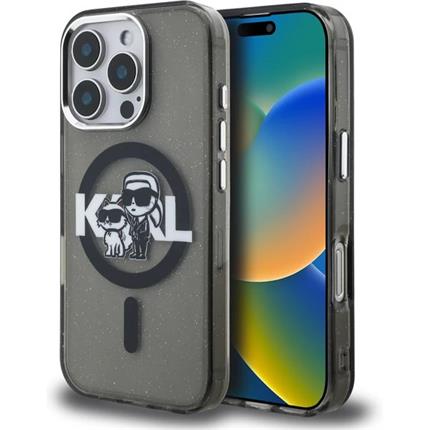 Karl Lagerfeld IML Glitter Karl and Choupette Sketch MagSafe kryt iPhone 16 Pro Max černý