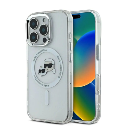 Karl Lagerfeld IML K&CH Heads Metal Frame MagSafe kryt pro iPhone 16 Pro čirý