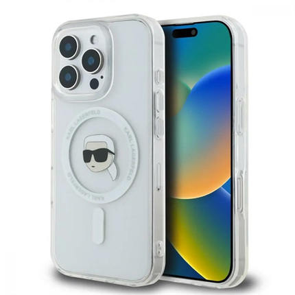 Karl Lagerfeld IML Karl Head Metal Frame MagSafe kryt pro iPhone 16 Pro čirý