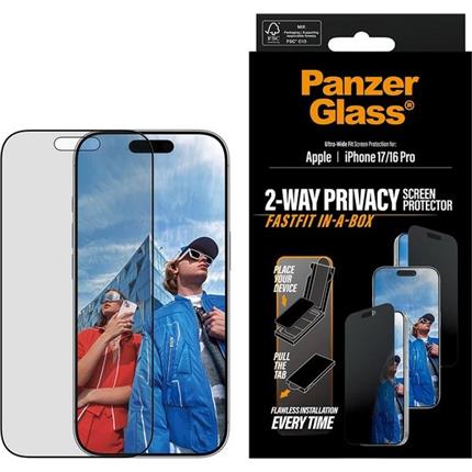 PanzerGlass Privacy sklo Apple iPhone 17/16 Pro s bezprašným aplikačním boxem