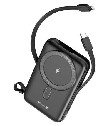 Swissten power bank 10000 mah pd 20w s integrovanými kabely usb-c a lightning (kompatibilní s magsafe)